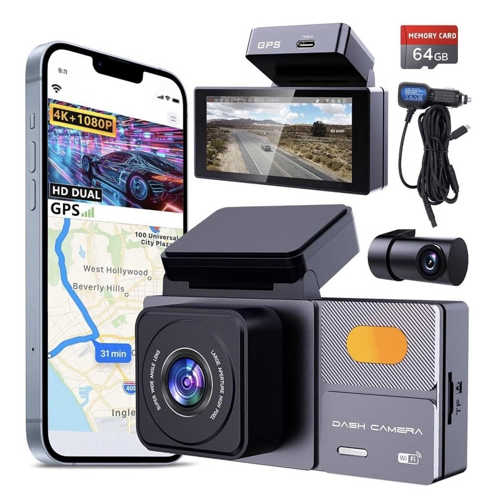 Grishcamy K01 Dash Cam 2K Front 1080P WiFi GPS G-Sensor Night Vision Black